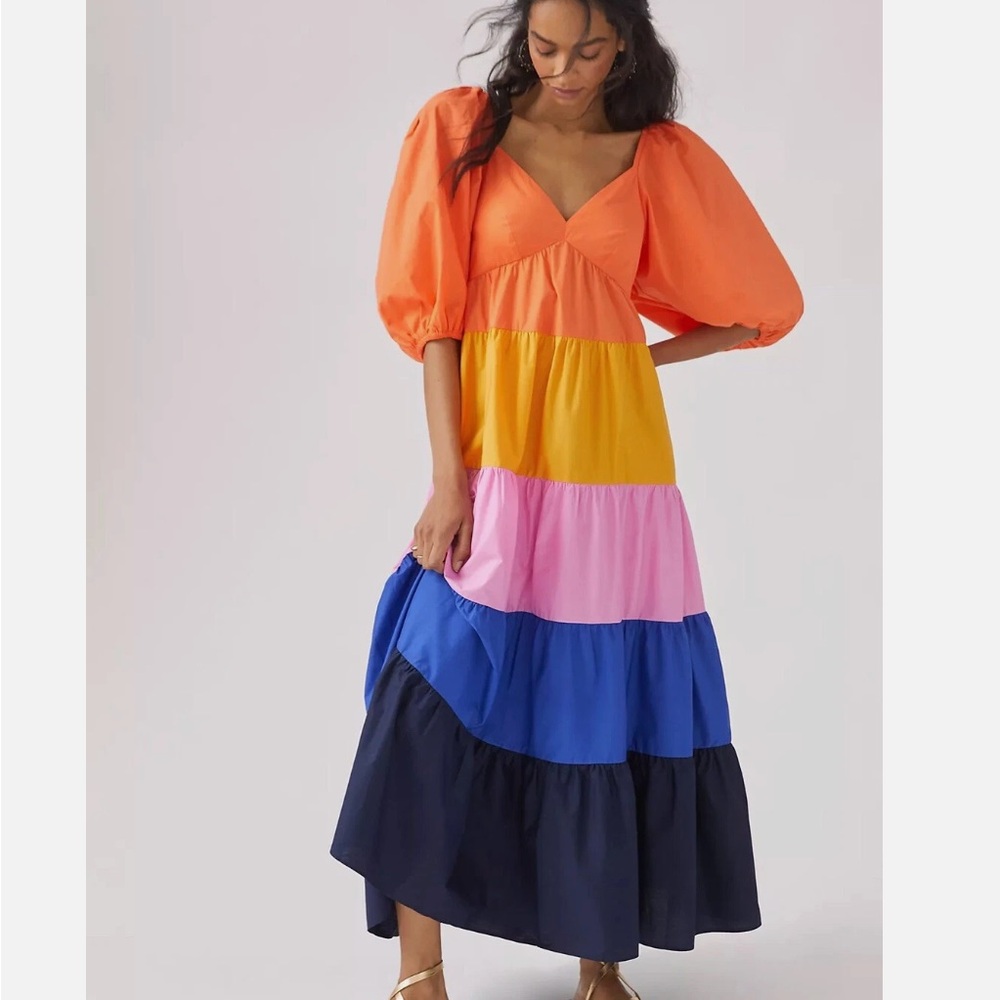 FARM Rio Orange Multi Puff-Sleeve Tiered Maxi Dress